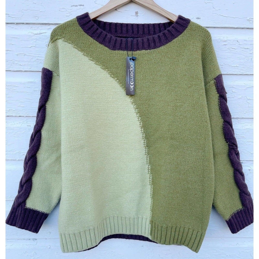 NEW Paper Moon Sweater Thick Avocado Green Cable Knit Braid Oversized Small